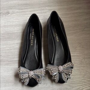 Kurt Geiger Black Ballet Flats with Rhinestone Bow